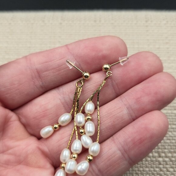 Gold Plated Genuine White Pearl Chain Earrings A6262 - Picture 3 of 5